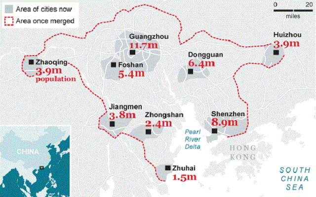 A cluster of cities in China’s Pearl River Delta creates a megalopolis. Graphic via The Telegraph.