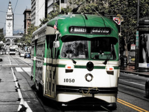 A San Francisco, California, streetcar plies F Street, near the Embarcadero. Photo by danishdynamite.