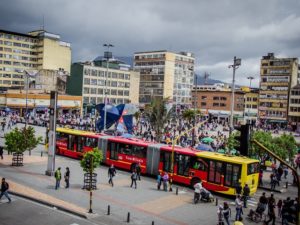 Bogotá, Colombia's Transmilenio bus rapid transit (BRT) system has been successful in integrating social equity into transport planning and urban design. Photo by RonaldHV/Flickr.