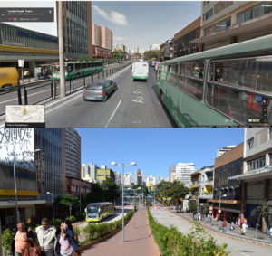 Belo Horizonte transformed Paraná street by creating people-oriented spaces and making room for public transport. Compared to its previous design (shown in the top picture), the street’s new design (shown in the bottom picture) improves mobility, the landscape, and safety. Before photo via Google Maps, after photo by Luisa Zottis/EMBARQ Brasil.