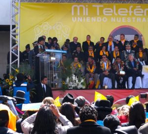 After taking the first journey on the line, President Evo Morales addresses attendees of the opening ceremony for the Yellow Line of Mí Teleférico outside the Libertador station in El Alto. Photo by Gwen Kash.