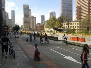 Bogotá’s ciclovía gives residents the opportunity to enjoy public spaces for a variety of recreational activities every Sunday. Photo by Dario Hidalgo.
