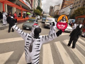 This zebra directing traffic is not a joke. It is one of hundreds of city employees saving lives while making streets in La Paz, Bolivia friendlier for pedestrians. Photo via oneillinstituteblog.org.