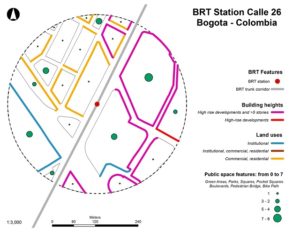 Map detailing BRT station in Bogota and the built environment